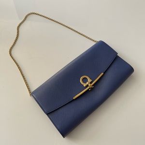 Authentic SALVATORE FERRAGAMO gancio chain clutch shoulder bag Blue pre-owned